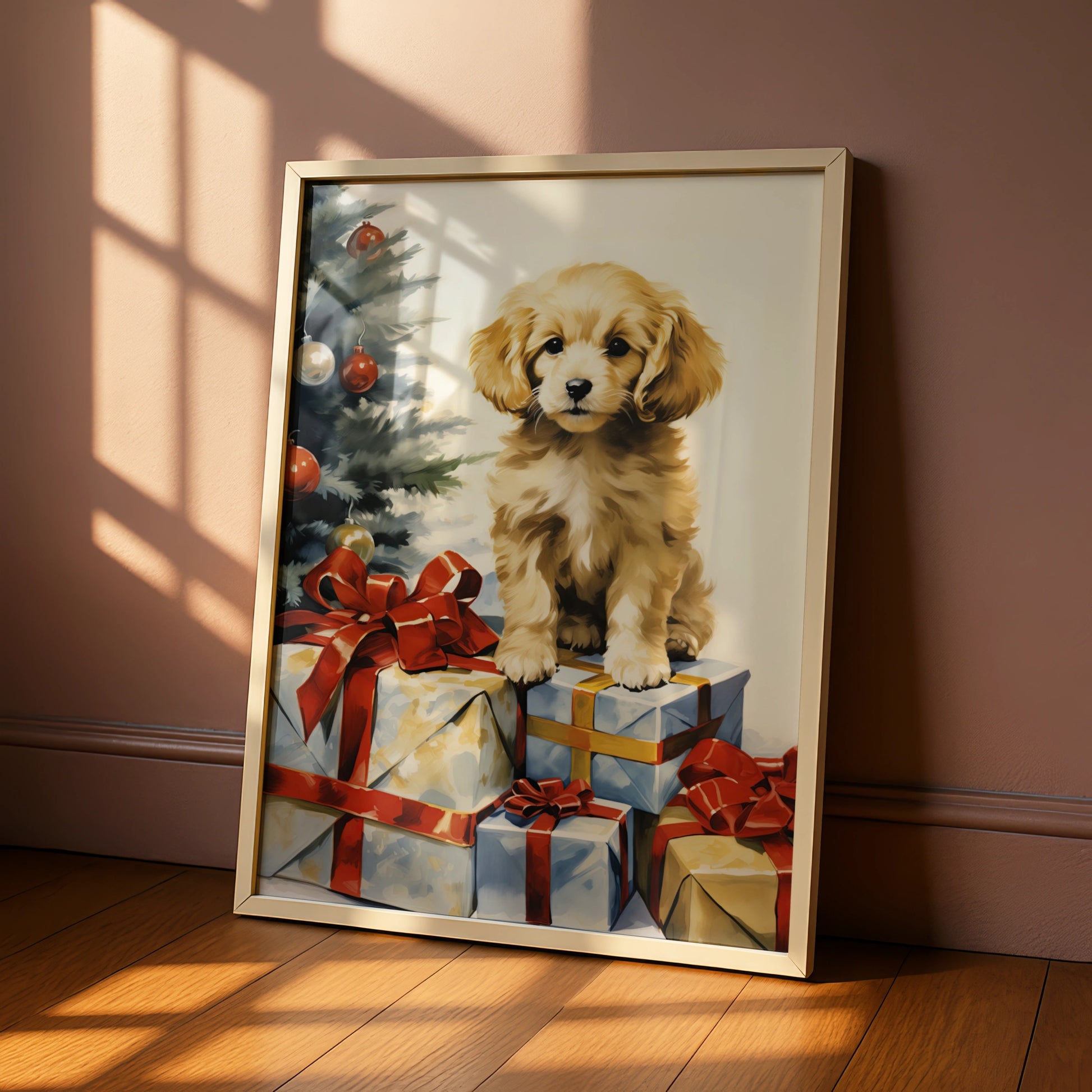 Christmas Puppy Poster, Golden Dog with Gifts Art Print, Festive Xmas Wall Decor