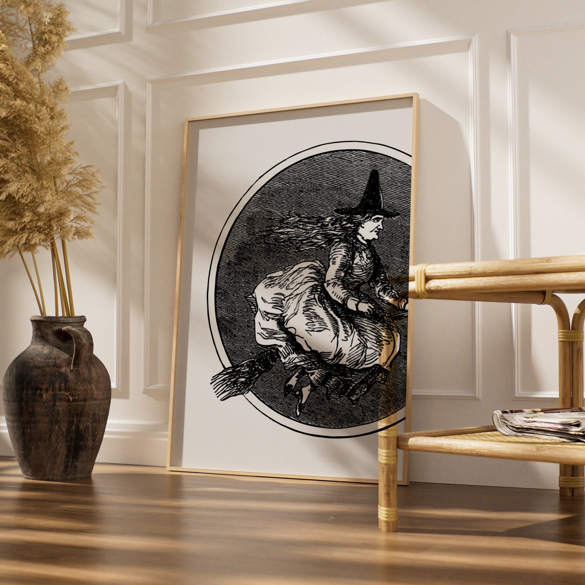 Vintage Witch On Broomstick Halloween Art Print, Gothic Wall Poster, Black White