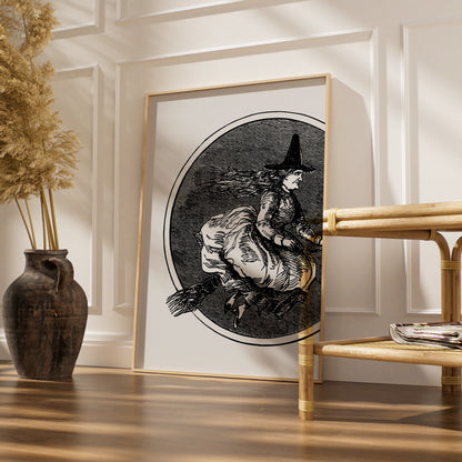 Vintage Witch On Broomstick Halloween Art Print, Gothic Wall Poster, Black White