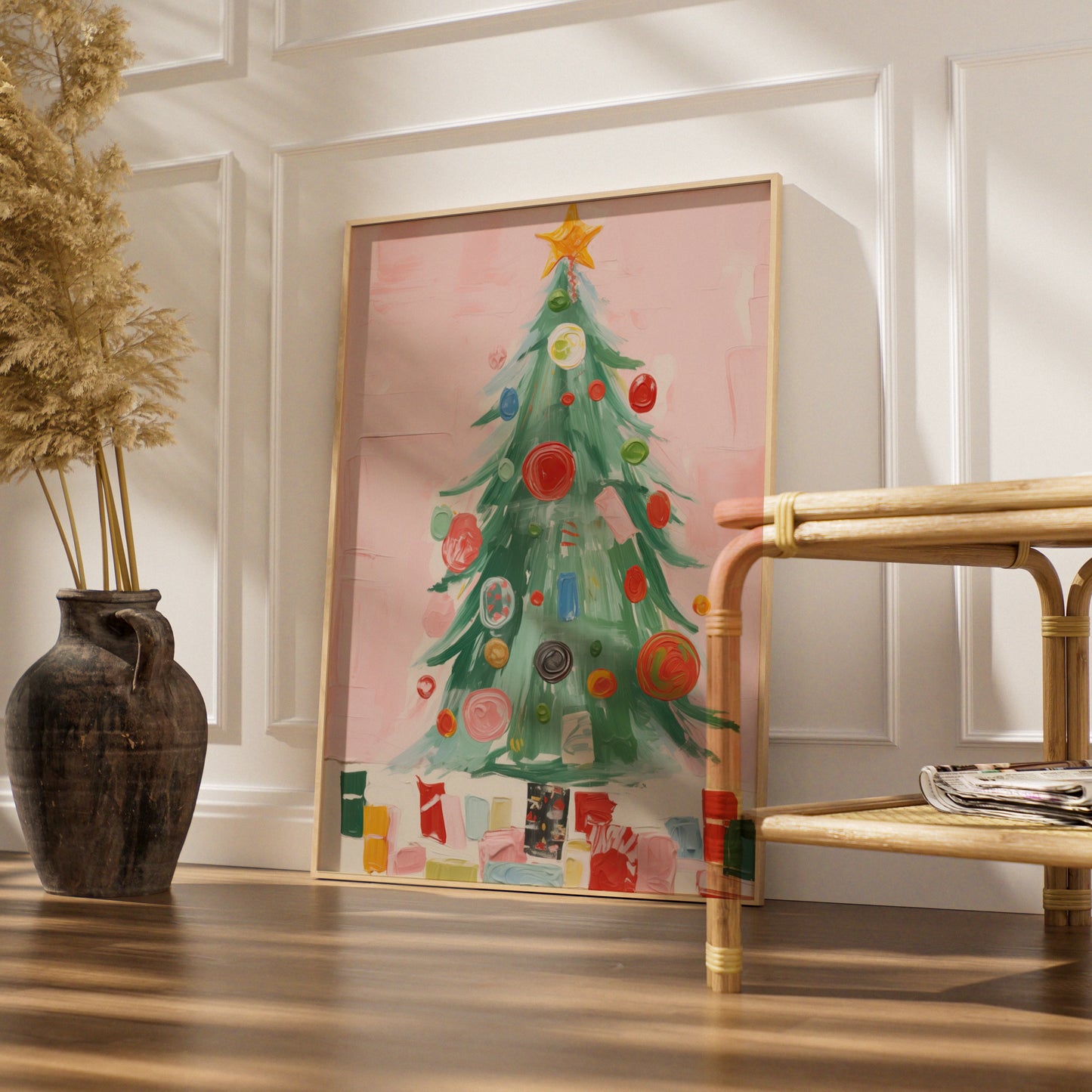 Christmas Tree Poster, Colourful Baubles Pink Wall Art, Festive Holiday Print, Xmas Gallery Decor