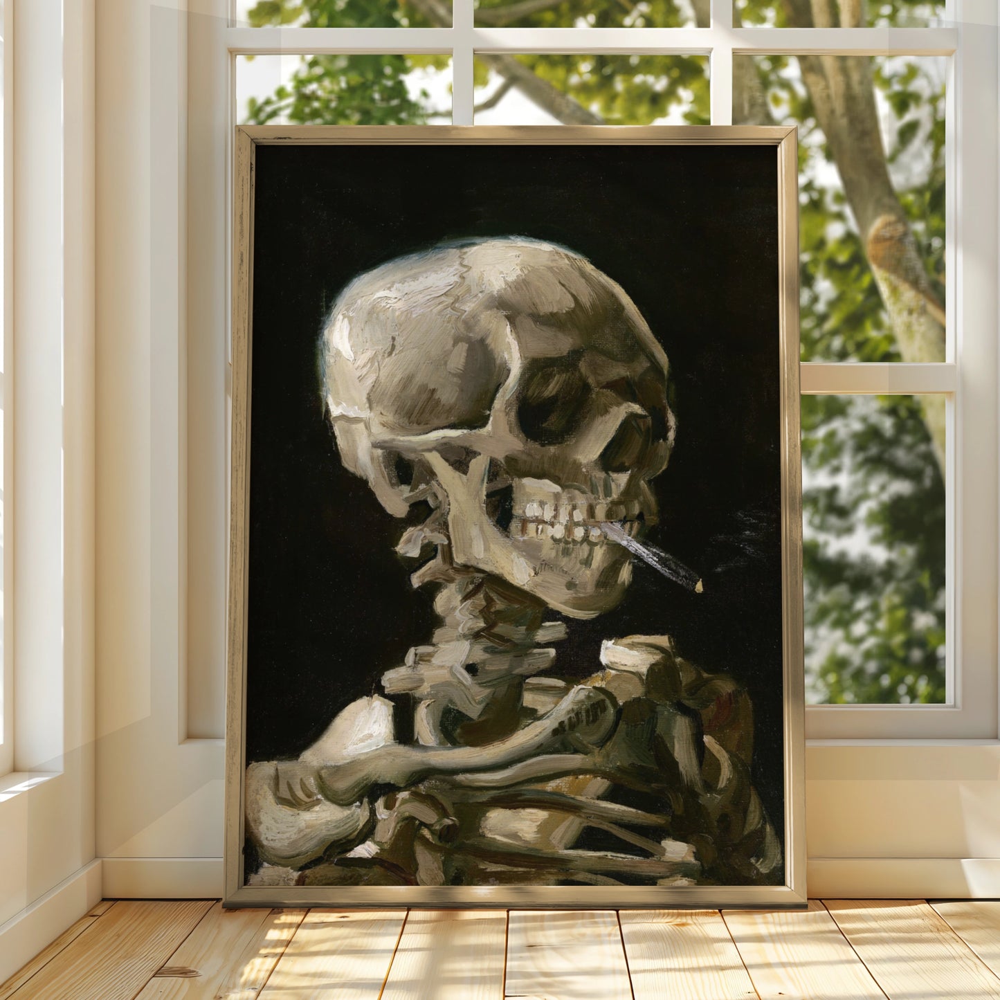 Van Gogh Skull Smoking Cigarette Halloween Art Print, Gothic Skeleton Poster