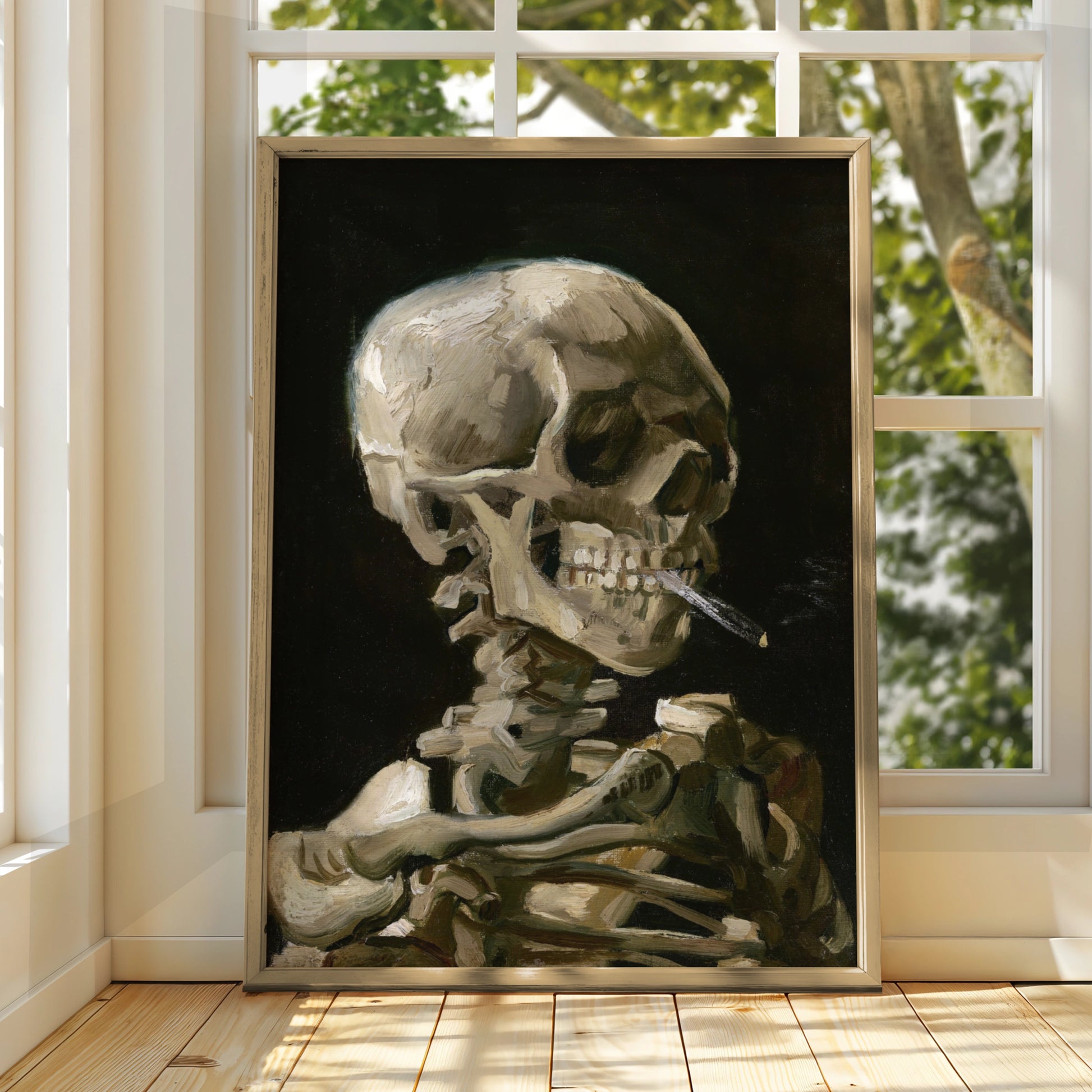 Van Gogh Skull Smoking Cigarette Halloween Art Print, Gothic Skeleton Poster
