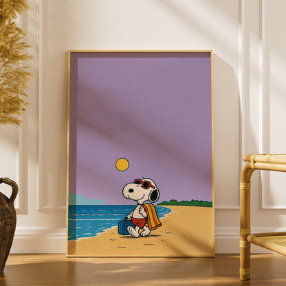 Cartoon Dog Beach Poster, Lavender Seaside Wall Art, Kids Room Art Print