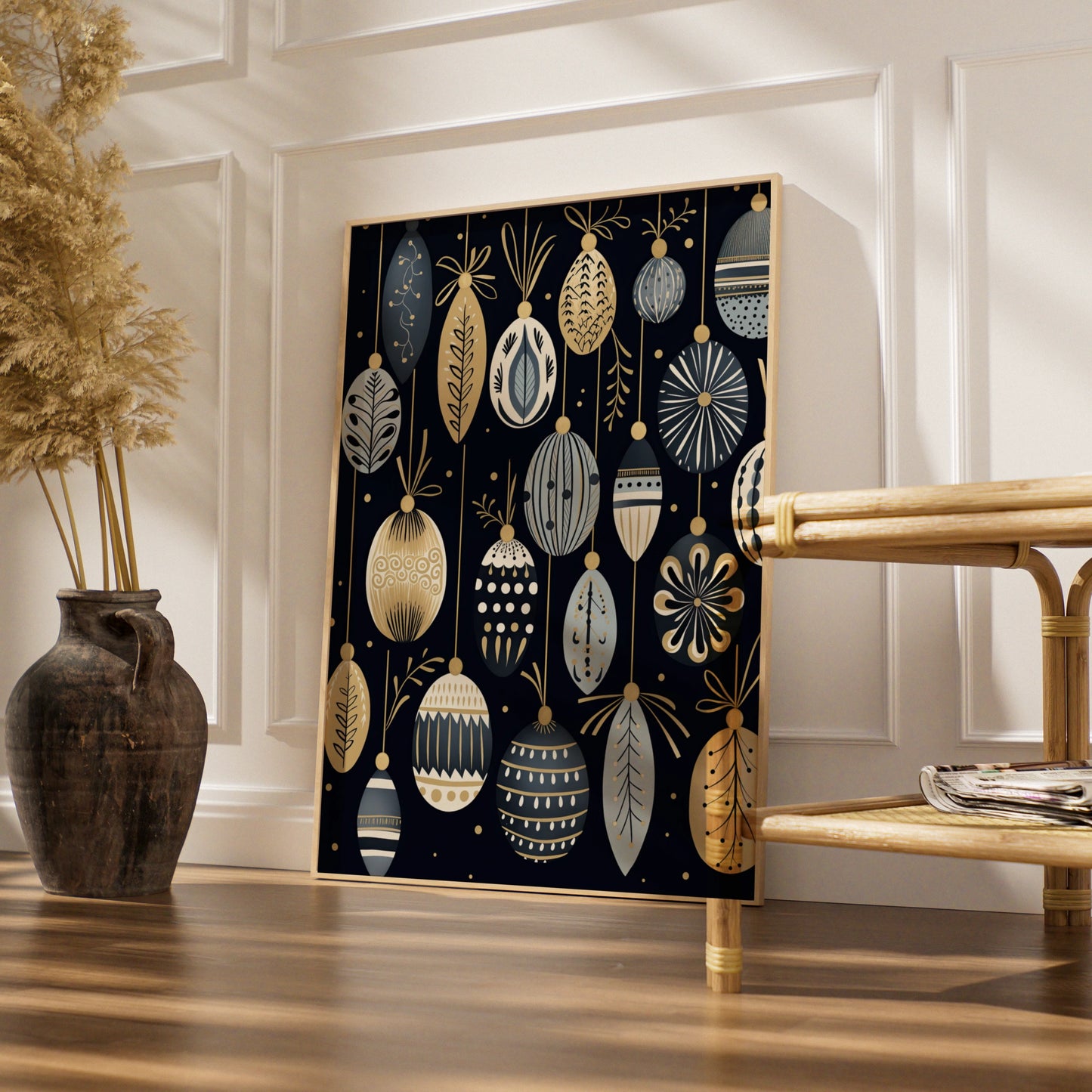 Christmas Baubles Poster, Black Gold Festive Wall Art, Ornament Print, Scandi Xmas Decor