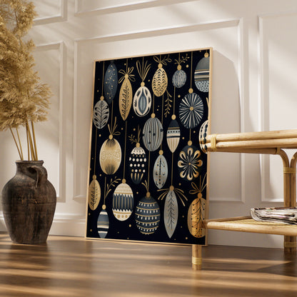 Christmas Baubles Poster, Black Gold Festive Wall Art, Ornament Print, Scandi Xmas Decor