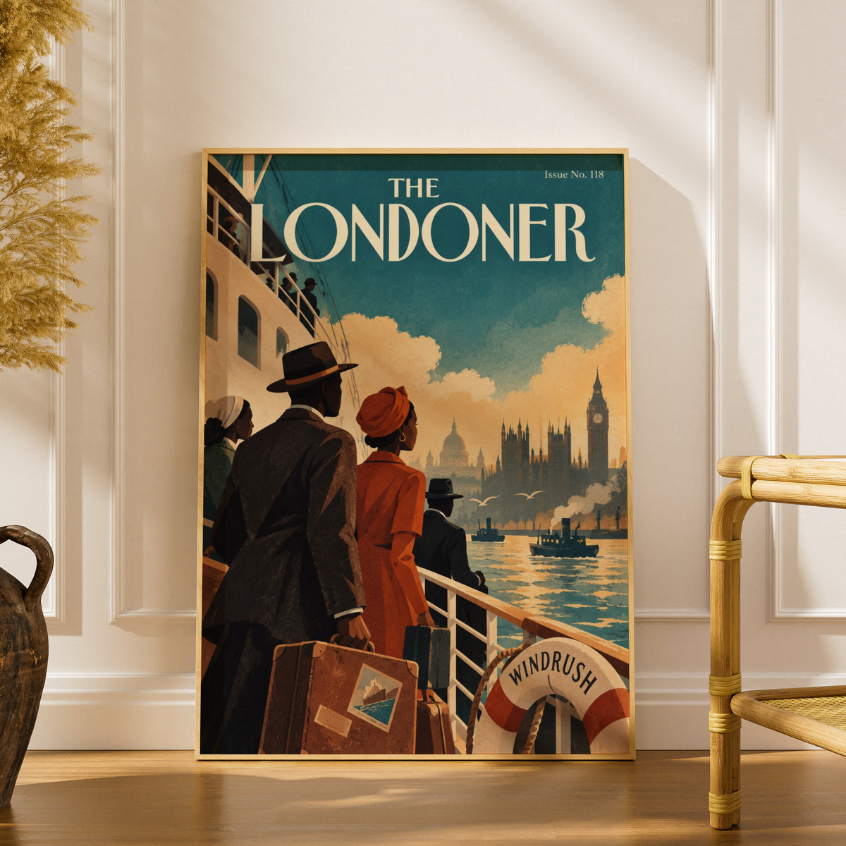 The Londoner Vintage Magazine Cover Poster, Windrush Ship Wall Art, London Skyline Art Print