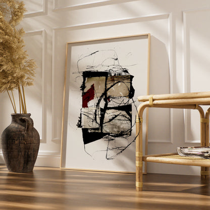 Abstract Ink Art Print, Monochrome Wall Art with Red Accent, Modern Contemporary Poster
