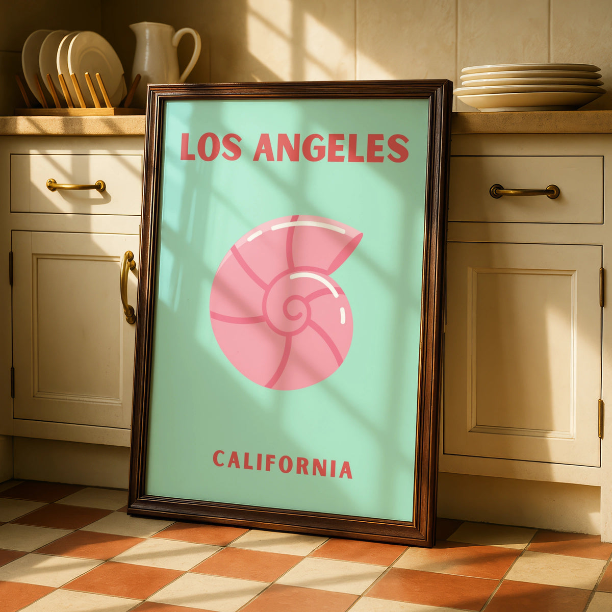 Los Angeles California Travel Poster, Retro Shell Wall Art, Mint Pink Coastal Print