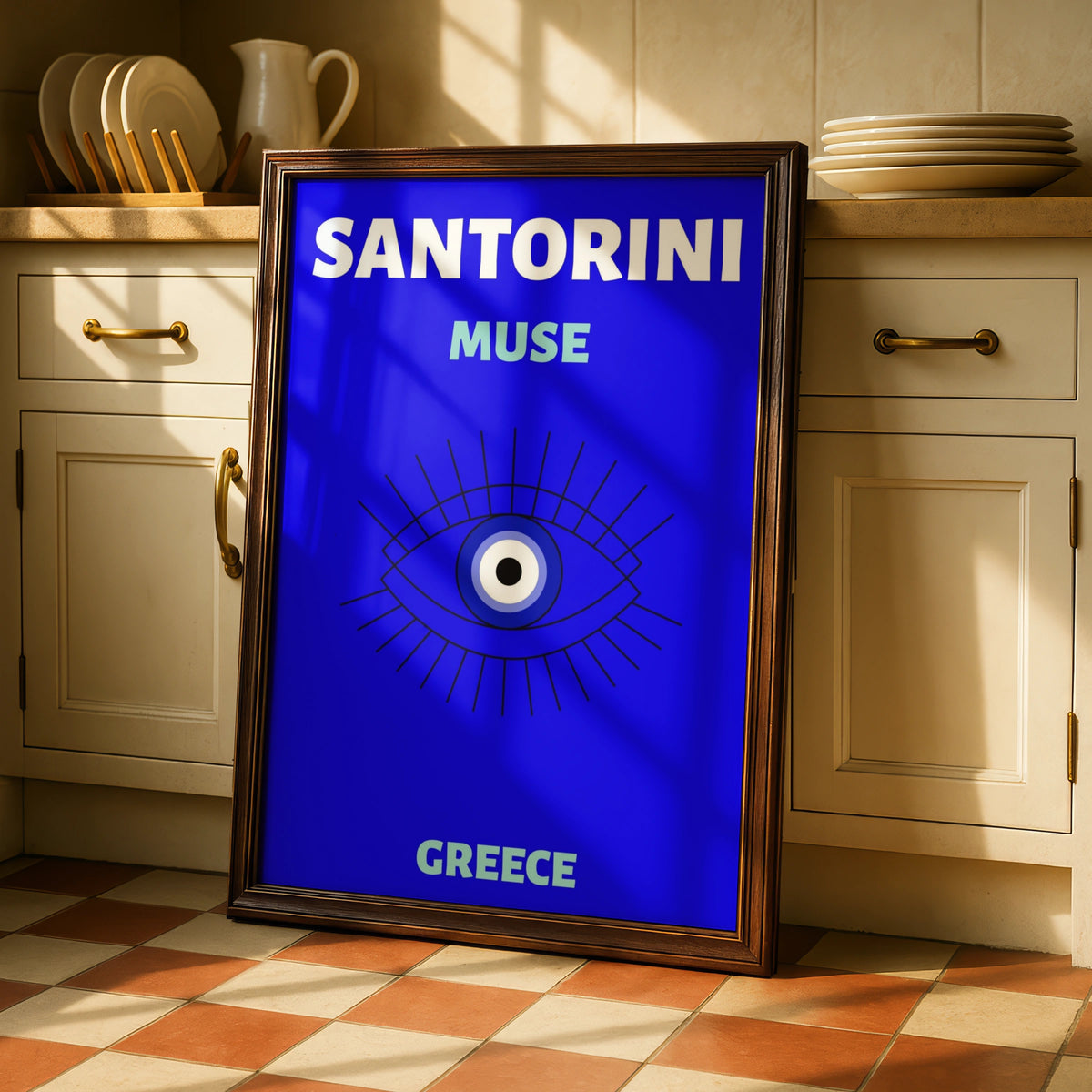 Santorini Greece Travel Poster, Evil Eye Wall Art, Greek Island Retro Print