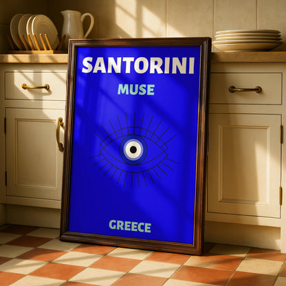 Santorini Greece Travel Poster, Evil Eye Wall Art, Greek Island Retro Print