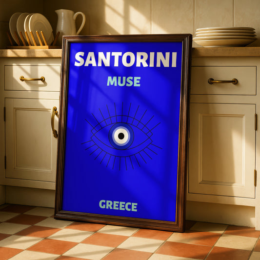 Santorini Greece Travel Poster, Evil Eye Wall Art, Greek Island Retro Print