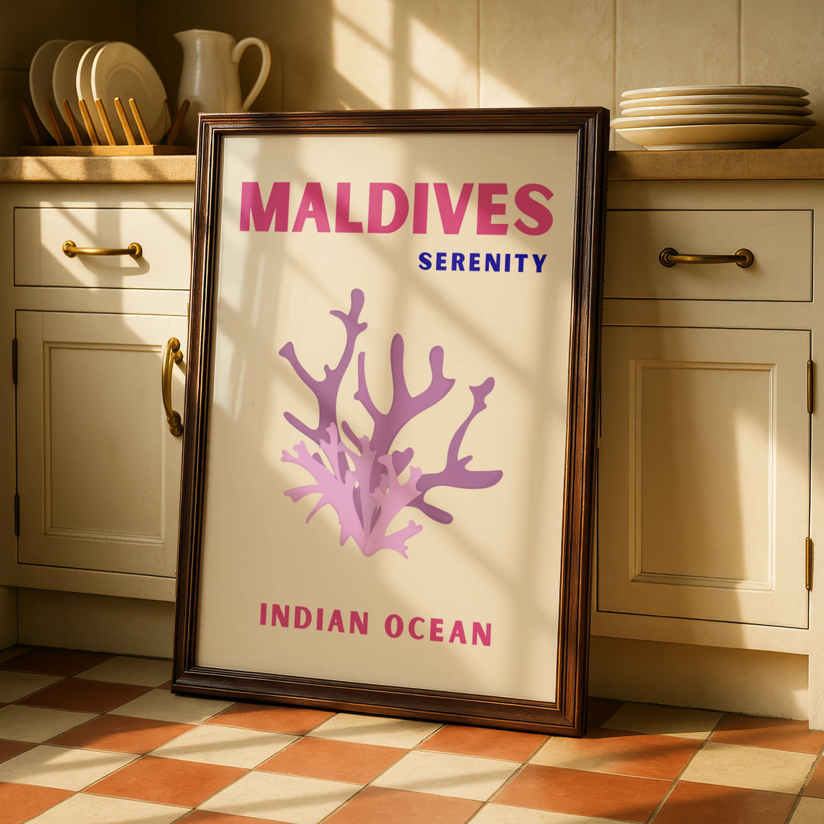 Maldives Travel Poster, Indian Ocean Wall Art, Coral Print, Retro Tropical Decor