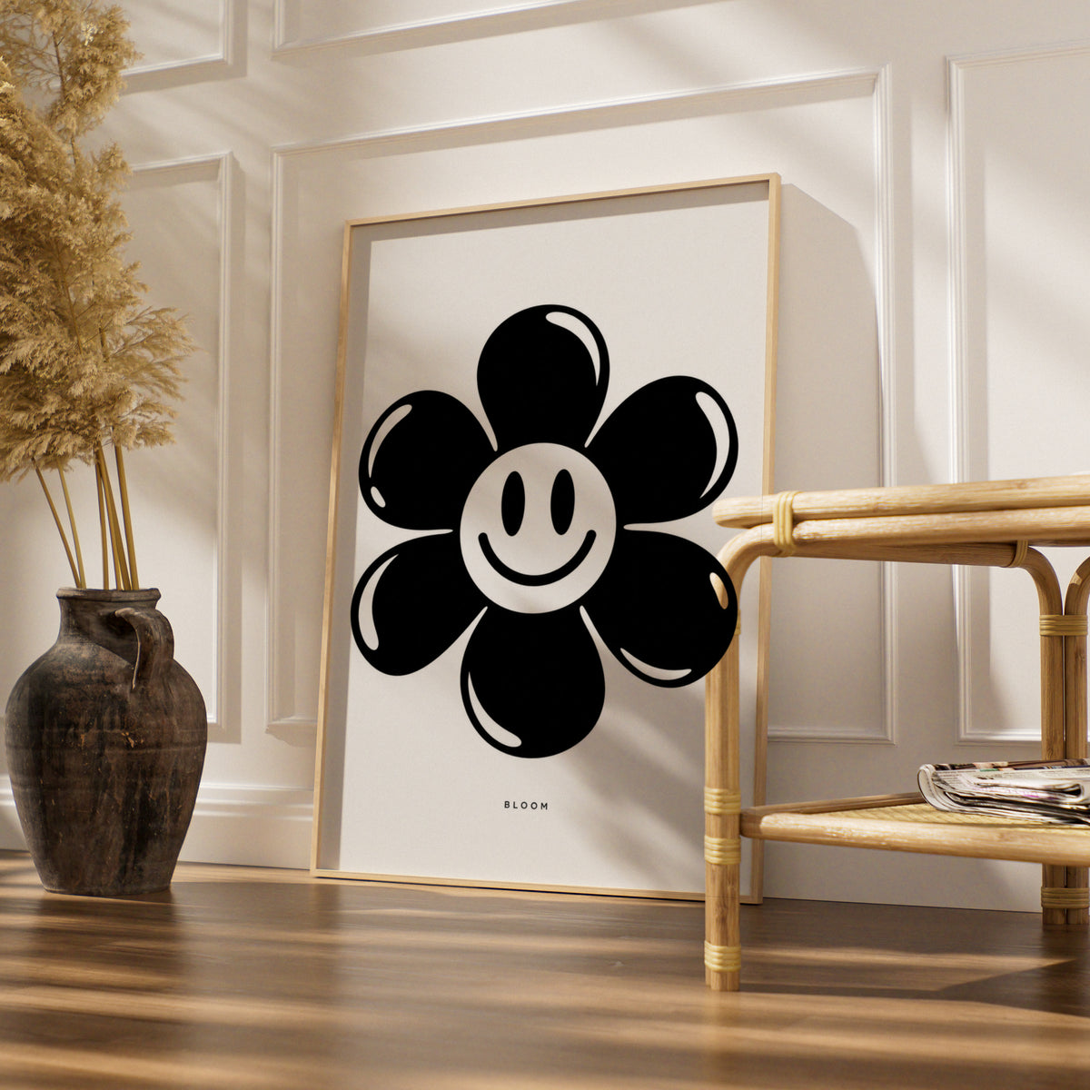 Bloom Smiley Flower Print, Monochrome Wall Art, Black and White Retro Floral Poster