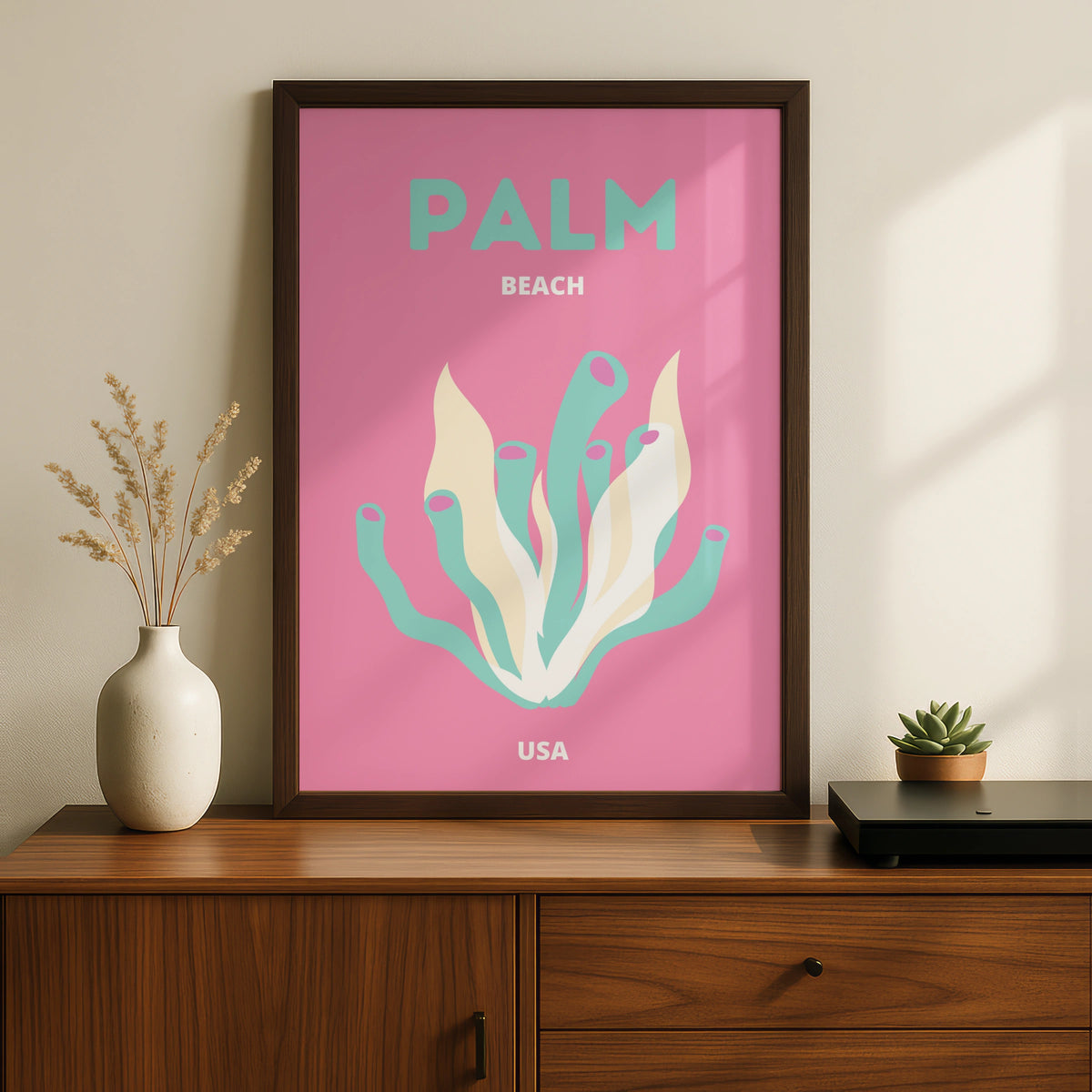 Palm Beach Travel Poster, Florida USA Wall Art, Retro Beach Print, Pink Coral Coastal Decor