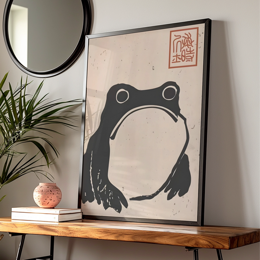 Japanese Frog Print, Monochrome Wall Art, Minimalist Black White Poster, Zen Animal Decor