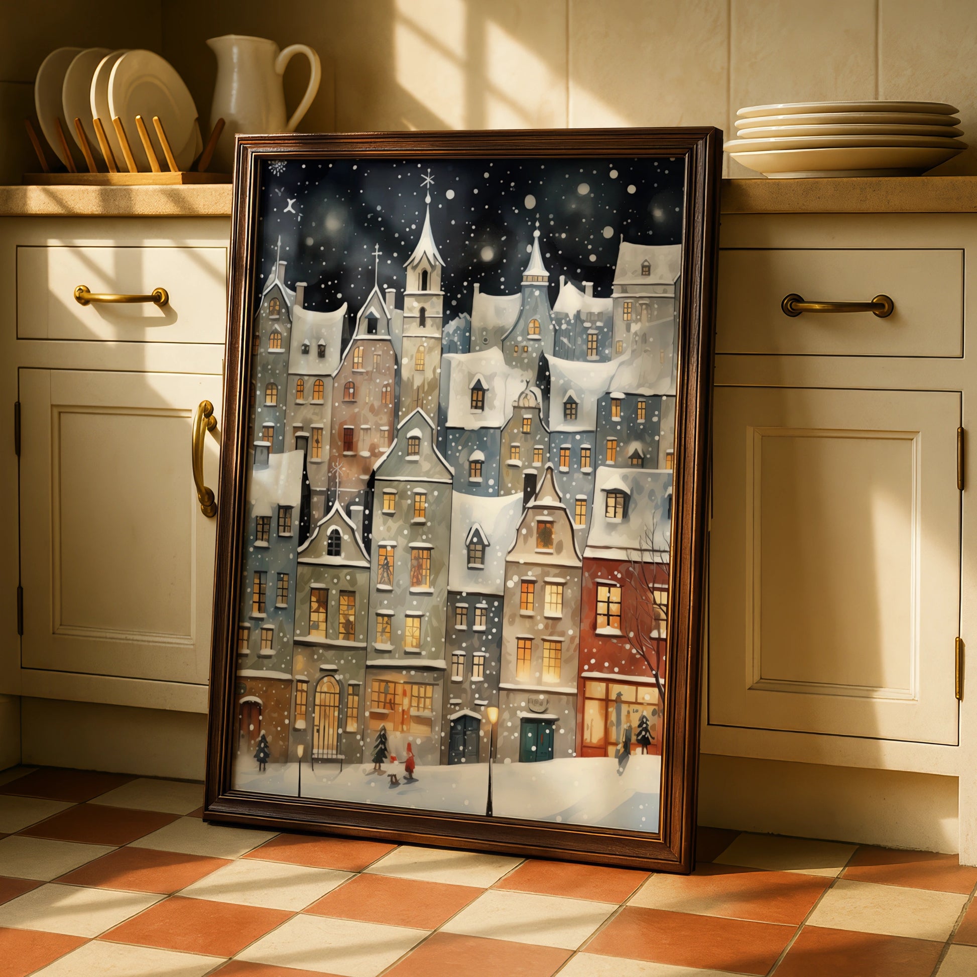 Christmas Village Poster, Snowy Winter Town Wall Art, Festive Holiday Night Scene Print