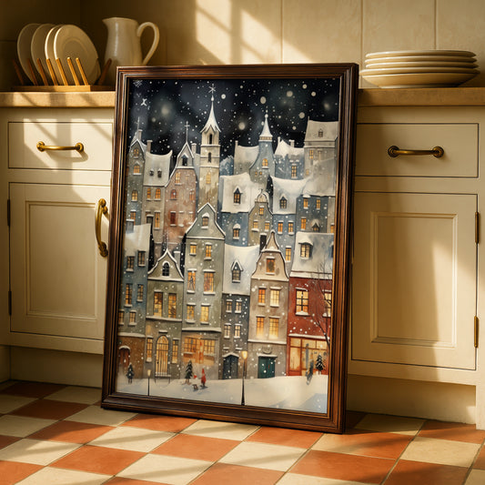 Christmas Village Poster, Snowy Winter Town Wall Art, Festive Holiday Night Scene Print