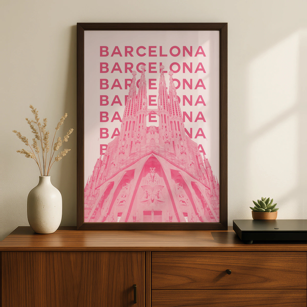 Barcelona Travel Poster Spain Wall Art, Retro Pink Architecture Print, Unique City Decor