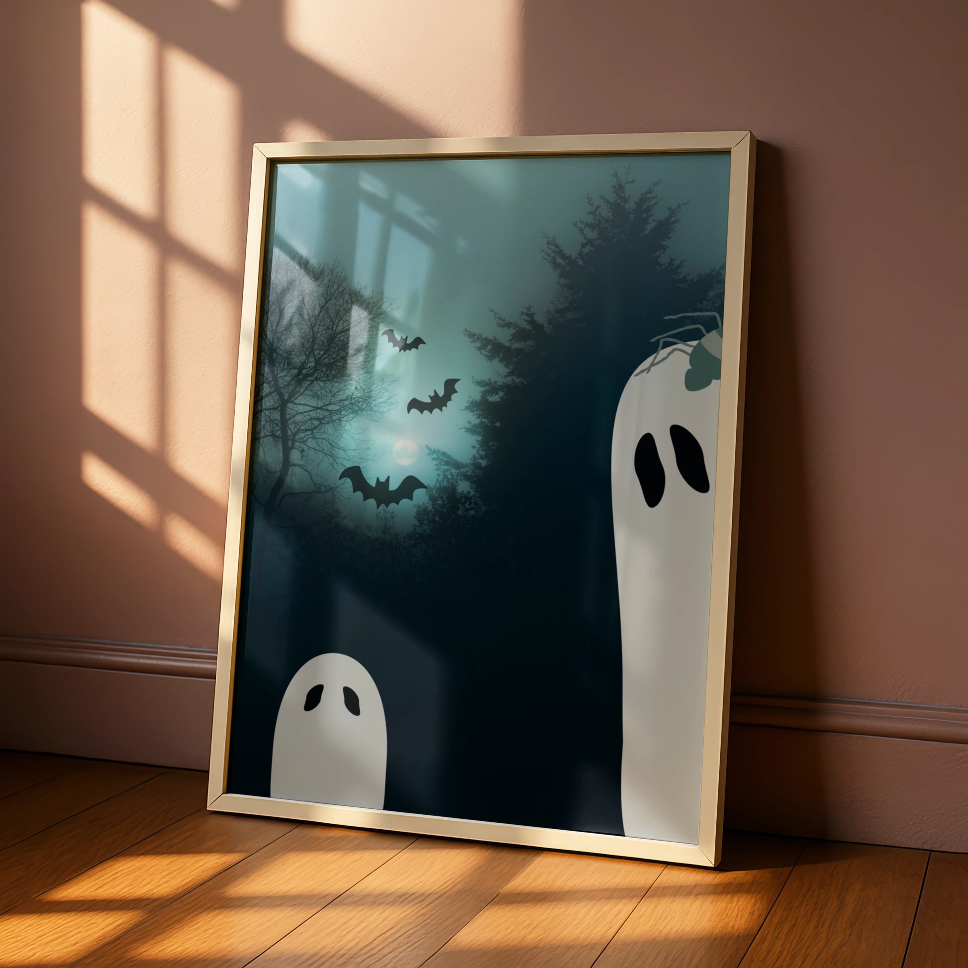 Halloween Ghost Poster, Spooky Forest Wall Art, Bats Full Moon Print, Teal Dark