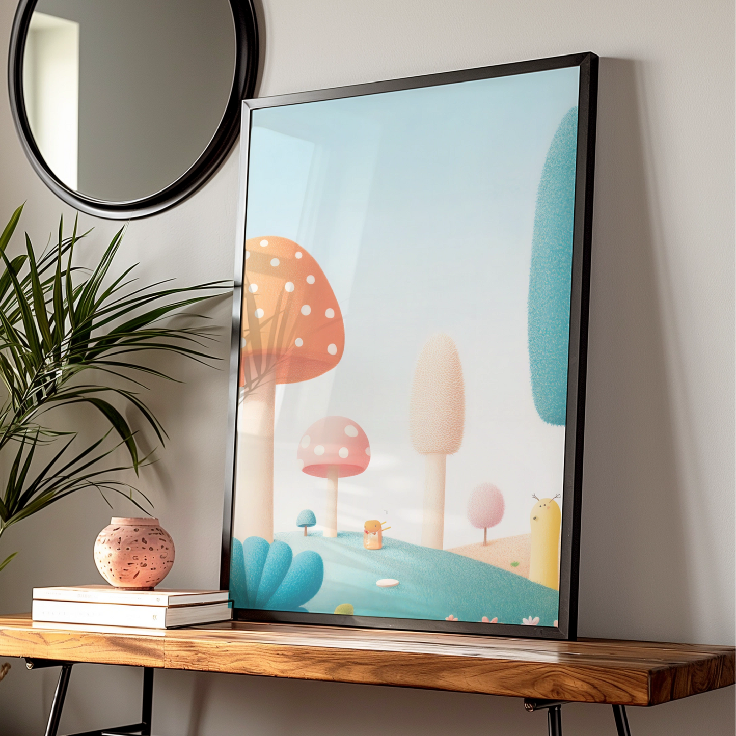 Mushroom Nursery Wall Art, Whimsical Forest Print, Pastel Kids Room Poster, Baby Decor