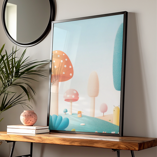 Mushroom Nursery Wall Art, Whimsical Forest Print, Pastel Kids Room Poster, Baby Decor