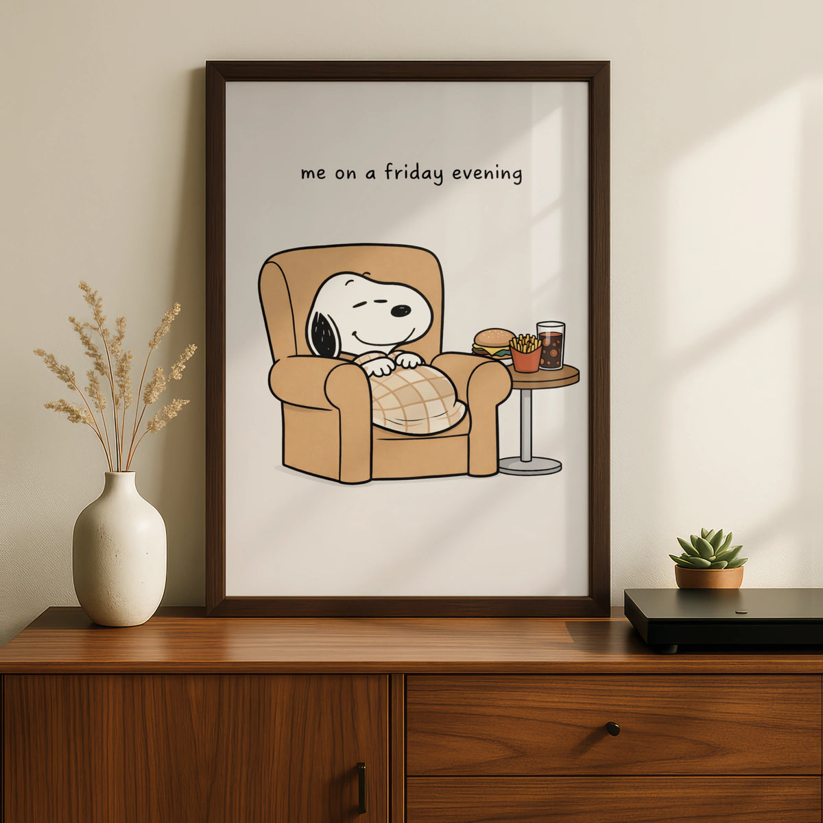 Relaxing Dog Cartoon Poster, Funny Friday Night Wall Art, Quirky Print for Living Room
