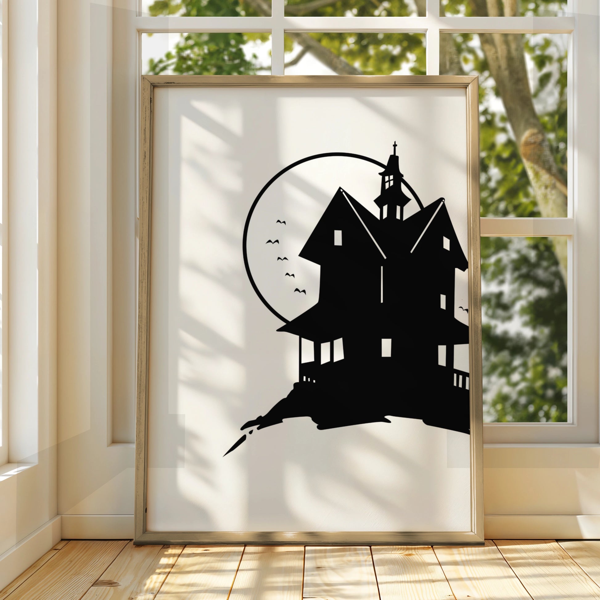 Halloween Haunted House Poster, Spooky Black Silhouette Wall Art, Full Moon Print