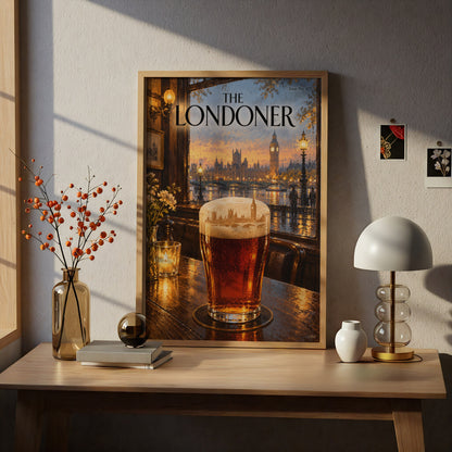 The Londoner Magazine Cover Poster, London Pub Pint at Sunset, Big Ben Wall Art, Pub Decor Print
