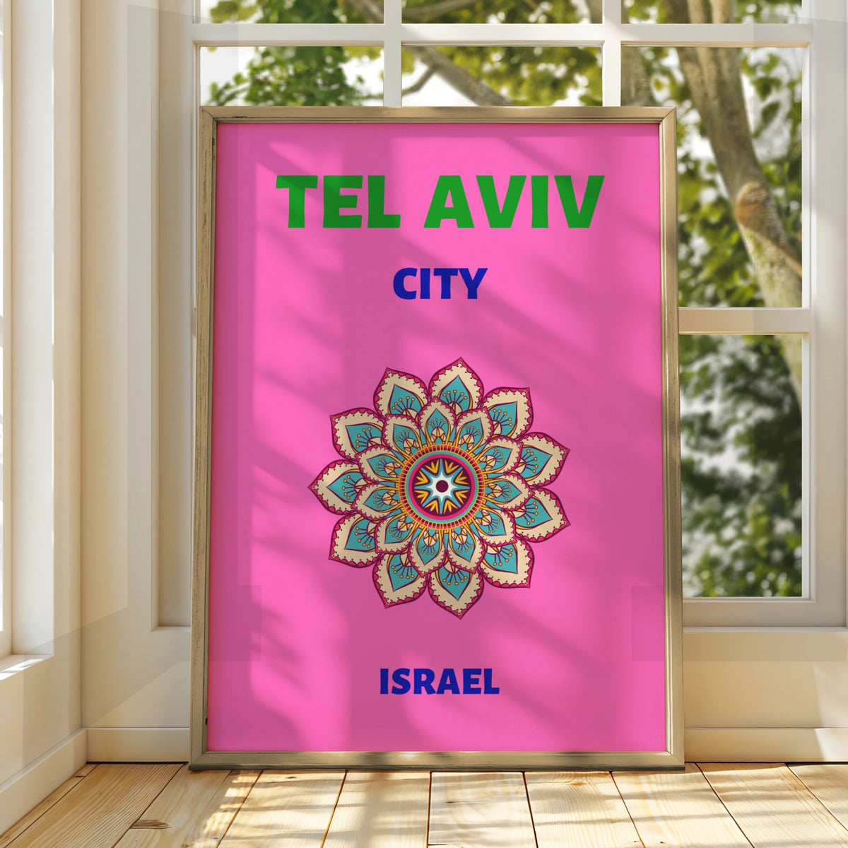 Tel Aviv Travel Poster, Israel Wall Art, Mandala Print, Retro City Decor, Bold Pink