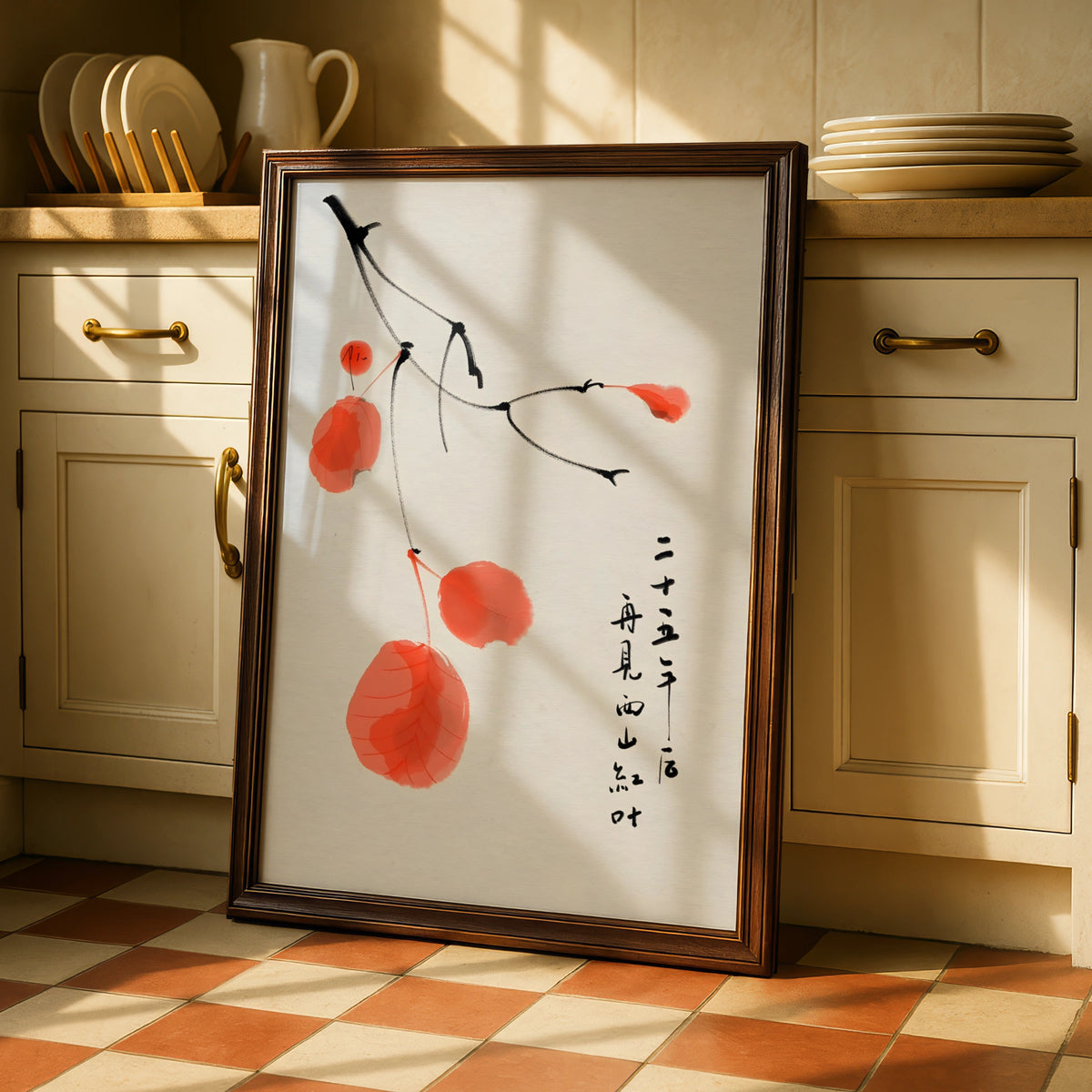 Japanese Ink Branch Red Leaves Art Print, Oriental Calligraphy Poster, Modern Wall Decor