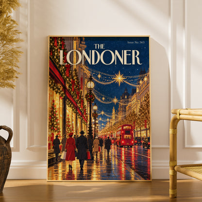 London Christmas Poster, Festive Street Wall Art, Red Double Decker Bus Print, Vintage Magazine
