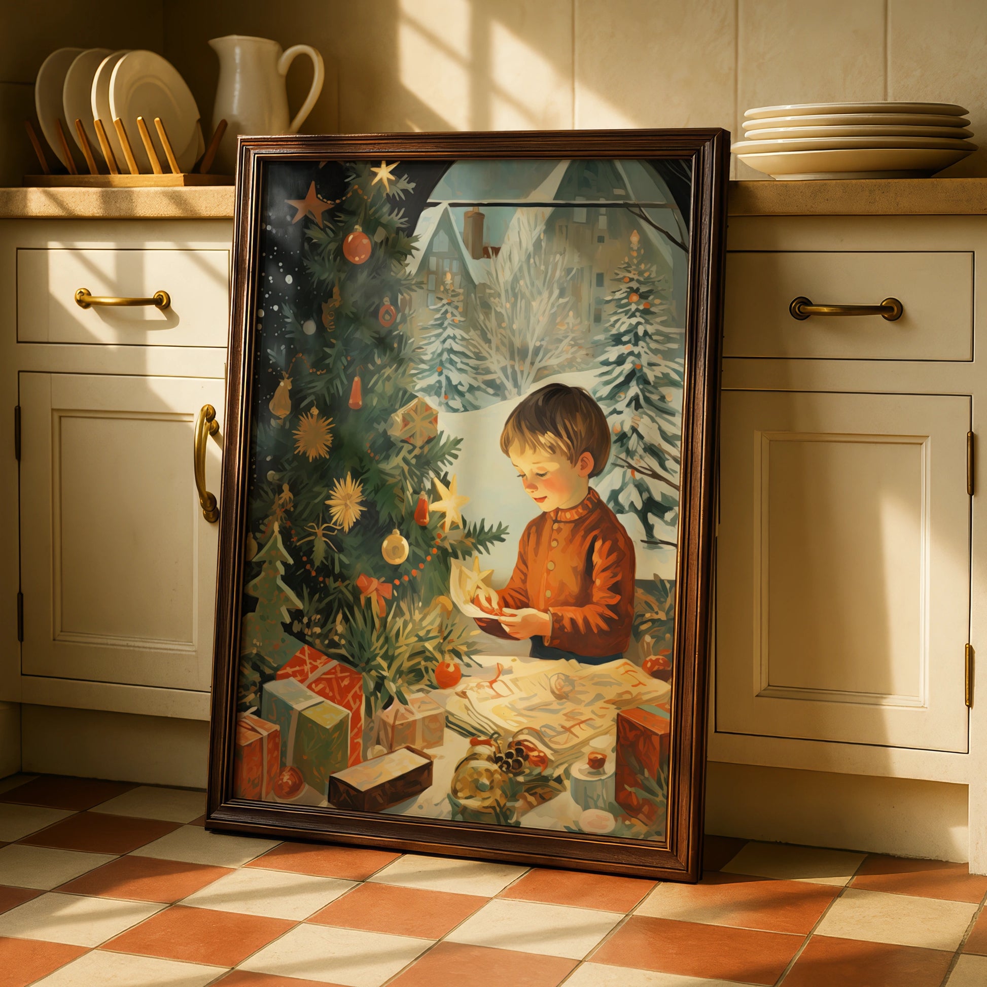 Vintage Christmas Poster, Child by Tree with Gifts, Retro Festive Wall Art Print