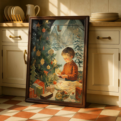Vintage Christmas Poster, Child by Tree with Gifts, Retro Festive Wall Art Print
