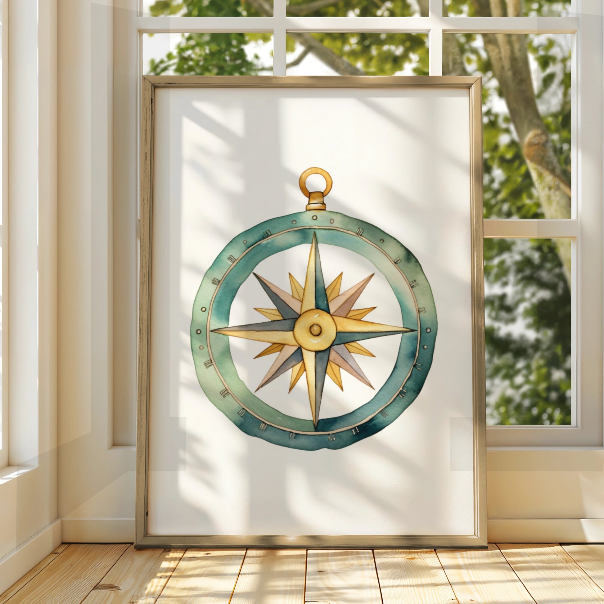 Compass Nursery Wall Art, Watercolour Adventure Poster, Teal Gold Boys Room Print