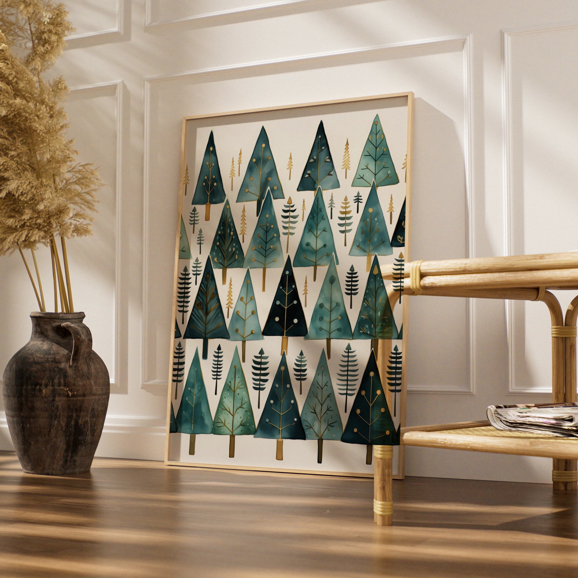 Christmas Tree Poster, Teal Gold Festive Wall Art, Minimalist Xmas Pine Forest Print