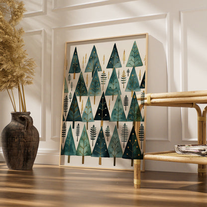 Christmas Tree Poster, Teal Gold Festive Wall Art, Minimalist Xmas Pine Forest Print