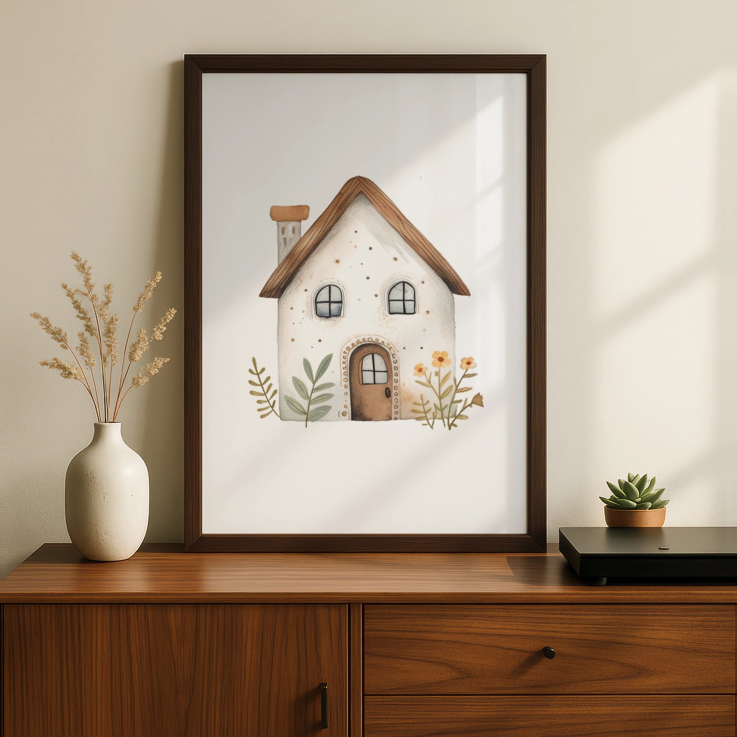 Nursery Wall Art Cute House Print, Boho Watercolour Poster, Baby Room Floral Decor