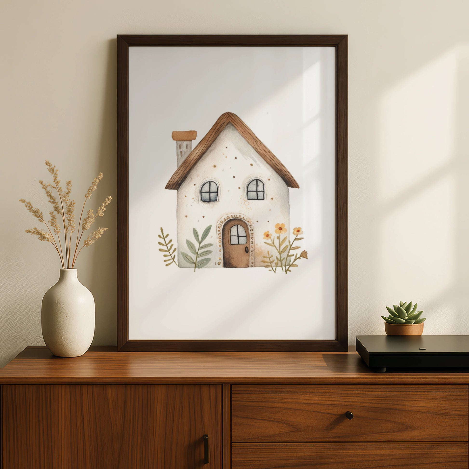 Nursery Wall Art Cute House Print, Boho Watercolour Poster, Baby Room Floral Decor