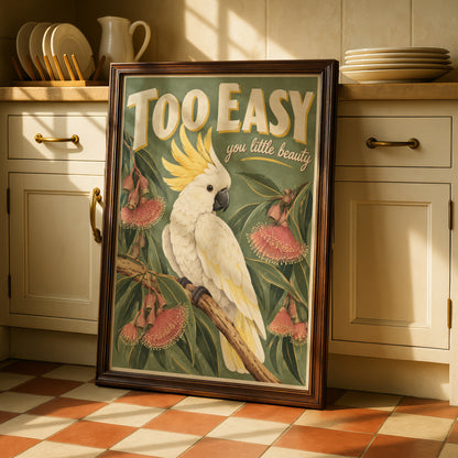 Cockatoo Australian Wall Art, Retro Style Sulphur Crested Bird Print, Aussie Wildlife Poster