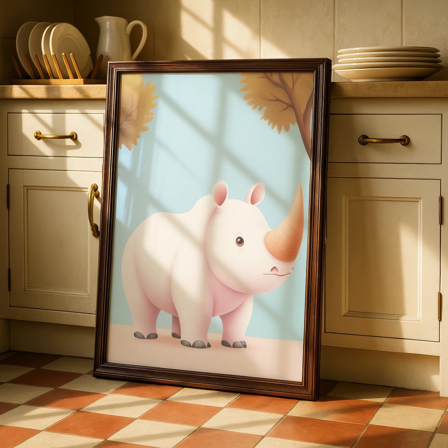 Cute Rhino Nursery Wall Art, Baby Animal Poster, Safari Kids Room Print, Blue