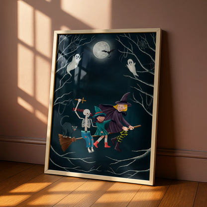 Halloween Witch Poster, Spooky Wall Art, Skeleton Ghost Black Cat Full Moon Print