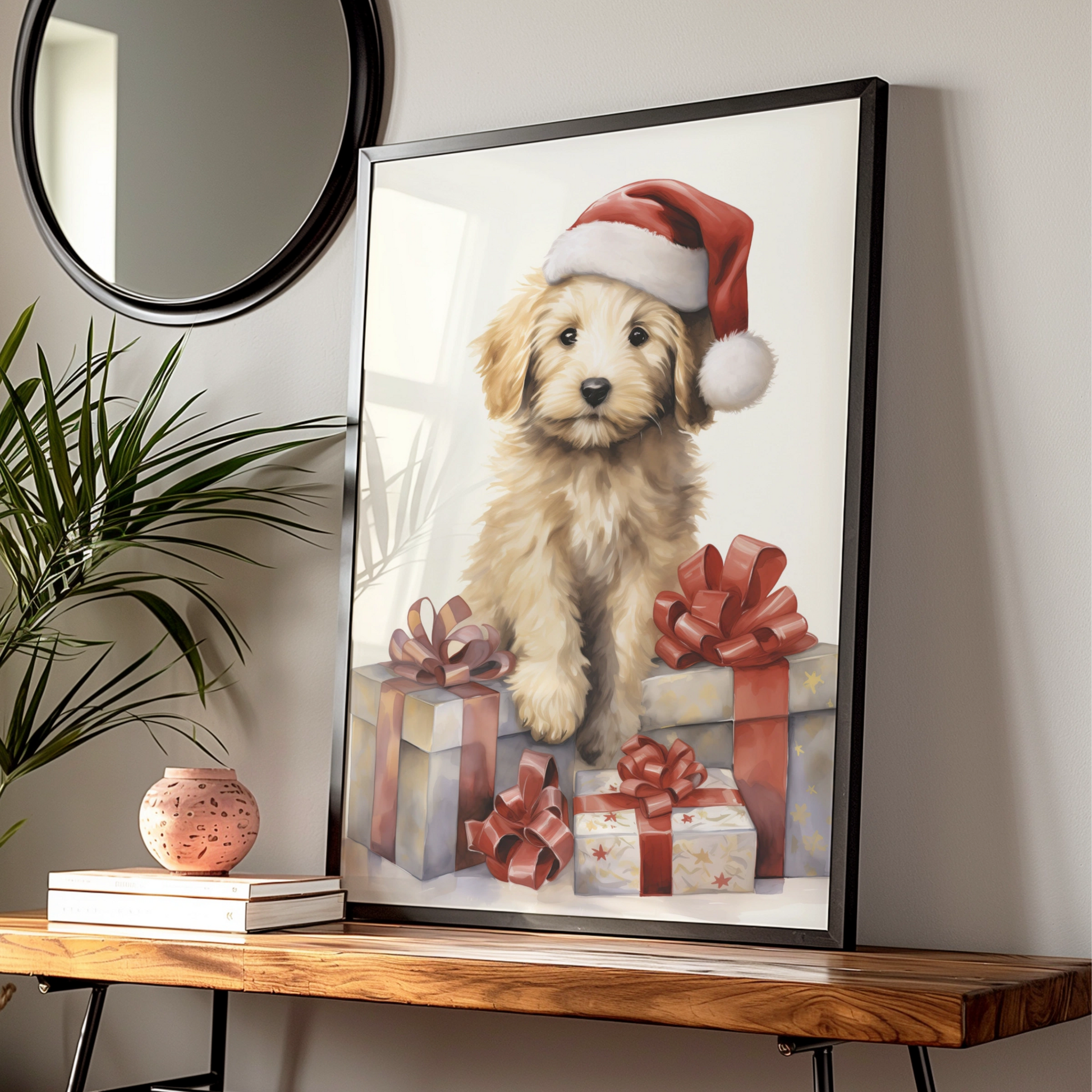 Christmas Puppy Poster, Goldendoodle Santa Hat Print, Festive Dog Wall Art Gift