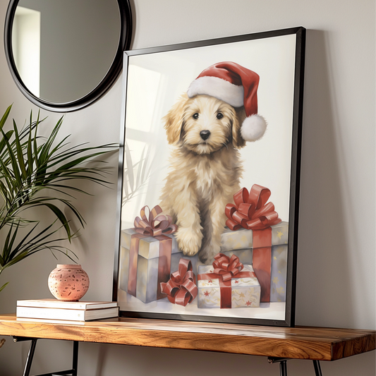 Christmas Puppy Poster, Goldendoodle Santa Hat Print, Festive Dog Wall Art Gift