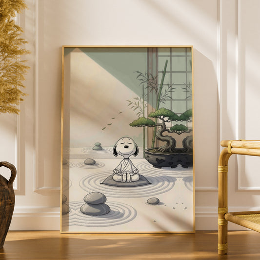 Meditating Cartoon Beagle Zen Garden Poster, Bonsai Wall Art, Sage Green Art Print for Bedroom