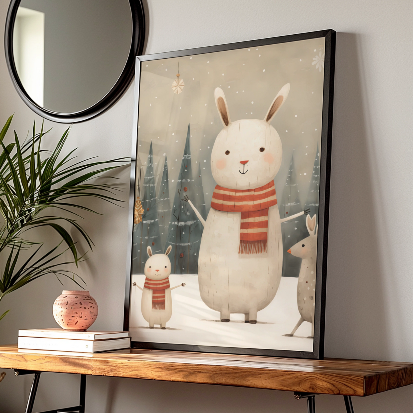 Christmas Bunny Poster, Cute Rabbit Winter Snow Print, Kids Festive Wall Art