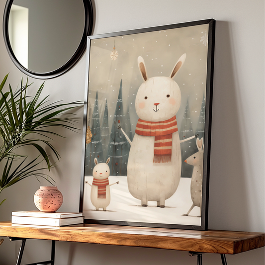 Christmas Bunny Poster, Cute Rabbit Winter Snow Print, Kids Festive Wall Art