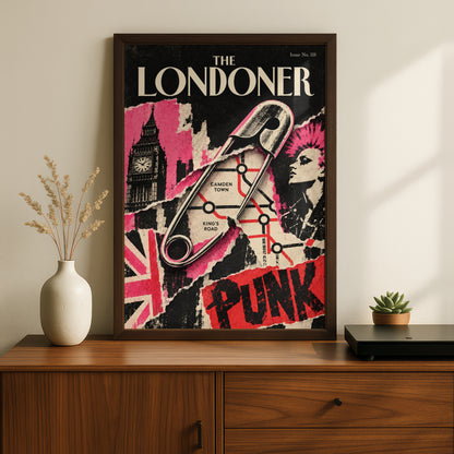 London Punk Poster, Safety Pin Wall Art, Camden Town Print, Big Ben Collage, Pink Red Black Decor