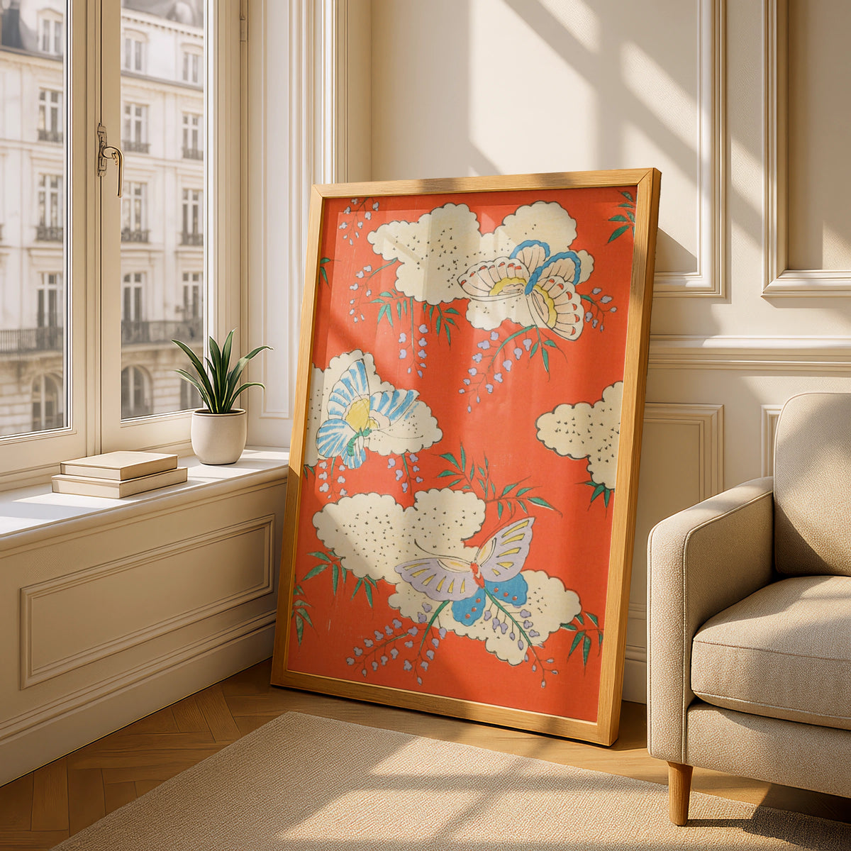 Japanese Butterfly Wall Art, Vintage Woodblock Print, Floral Japandi Poster, Orange Botanical – A5 Oak frame