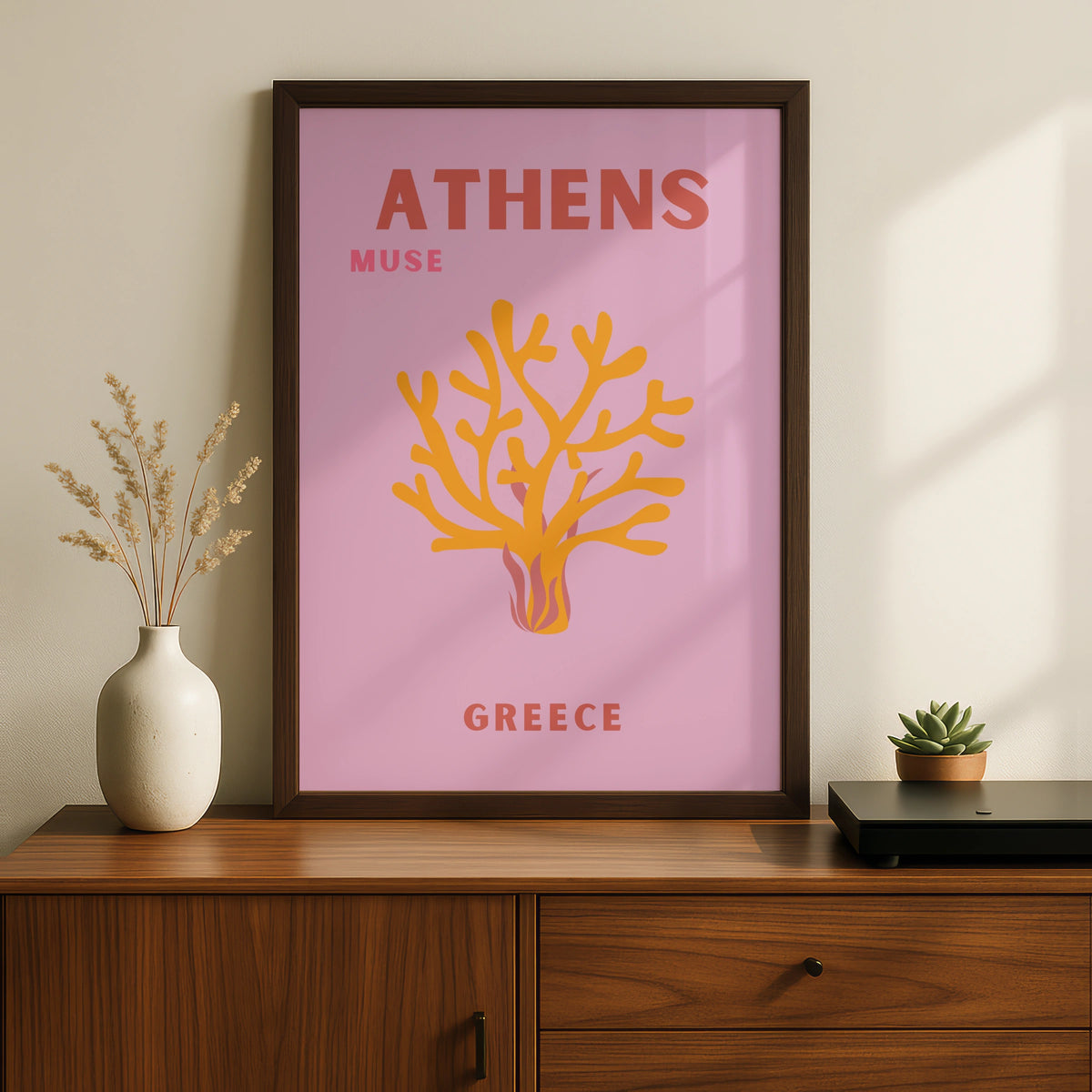 Athens Greece Travel Poster, Retro Wall Art, Pink Greek Print, Coral Botanical Decor