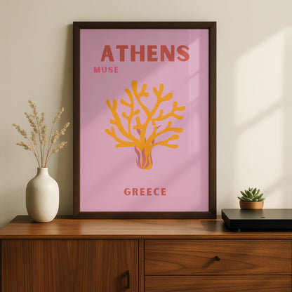 Athens Greece Travel Poster, Retro Wall Art, Pink Greek Print, Coral Botanical Decor